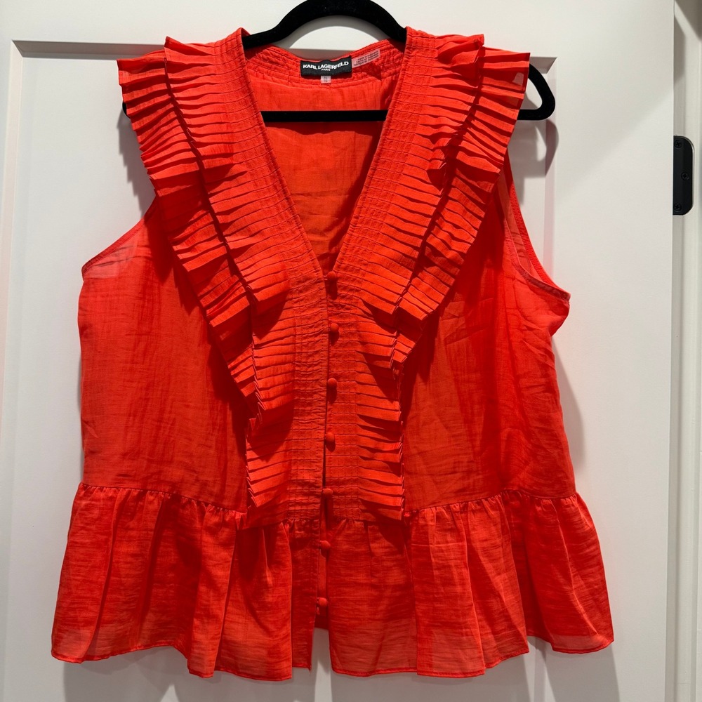 Romantic Statement Karl Lagerfeld Paris Ruffle Peplum Blouse XL Coral Red